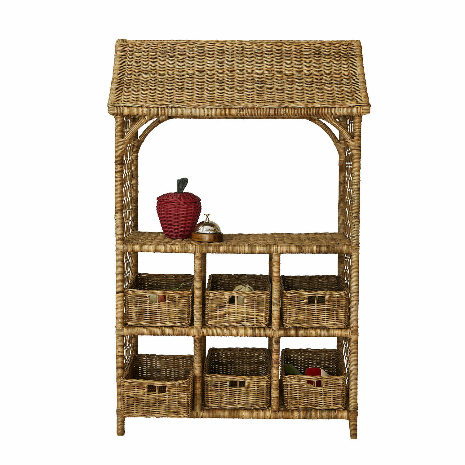 Étagère en rotin naturel avec six paniers et pomme décorative rouge, meuble de rangement pratique
