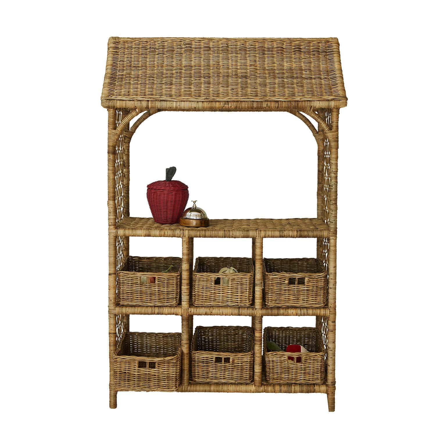Marchande Callidia Étagère en rotin naturel avec six paniers et pomme décorative rouge, meuble de rangement pratique