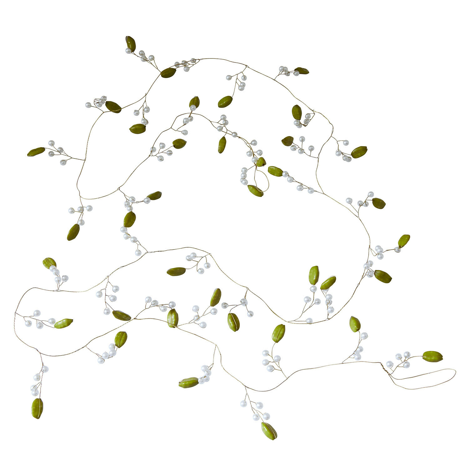 Guirlande Kelira Guirlande décorative fine avec feuilles vertes et perles blanches sur fil métallique fin