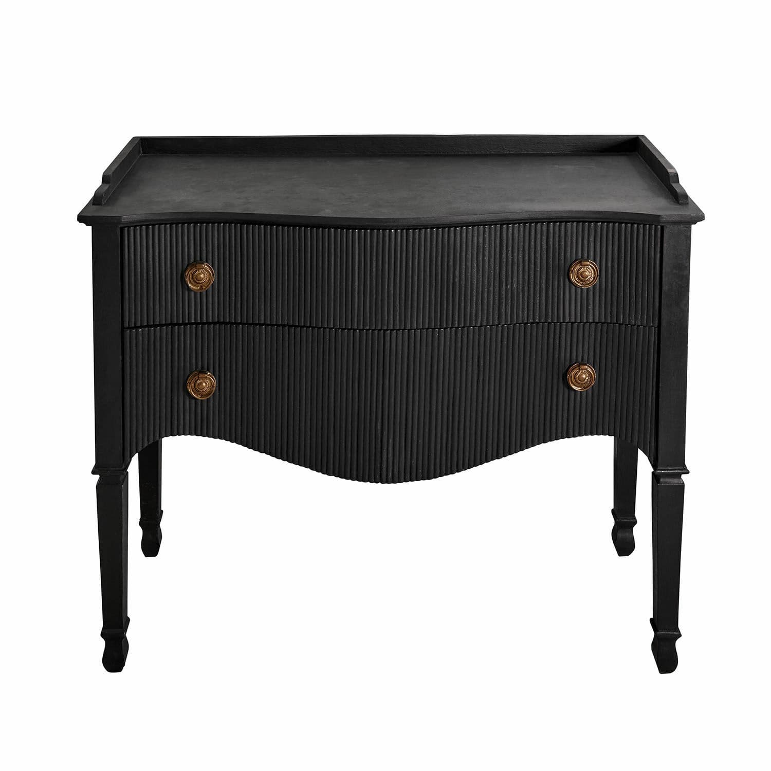 Commode Boissiére Commode noire avec deux tiroirs ondulés et poignées en laiton, meuble élégant pour salon