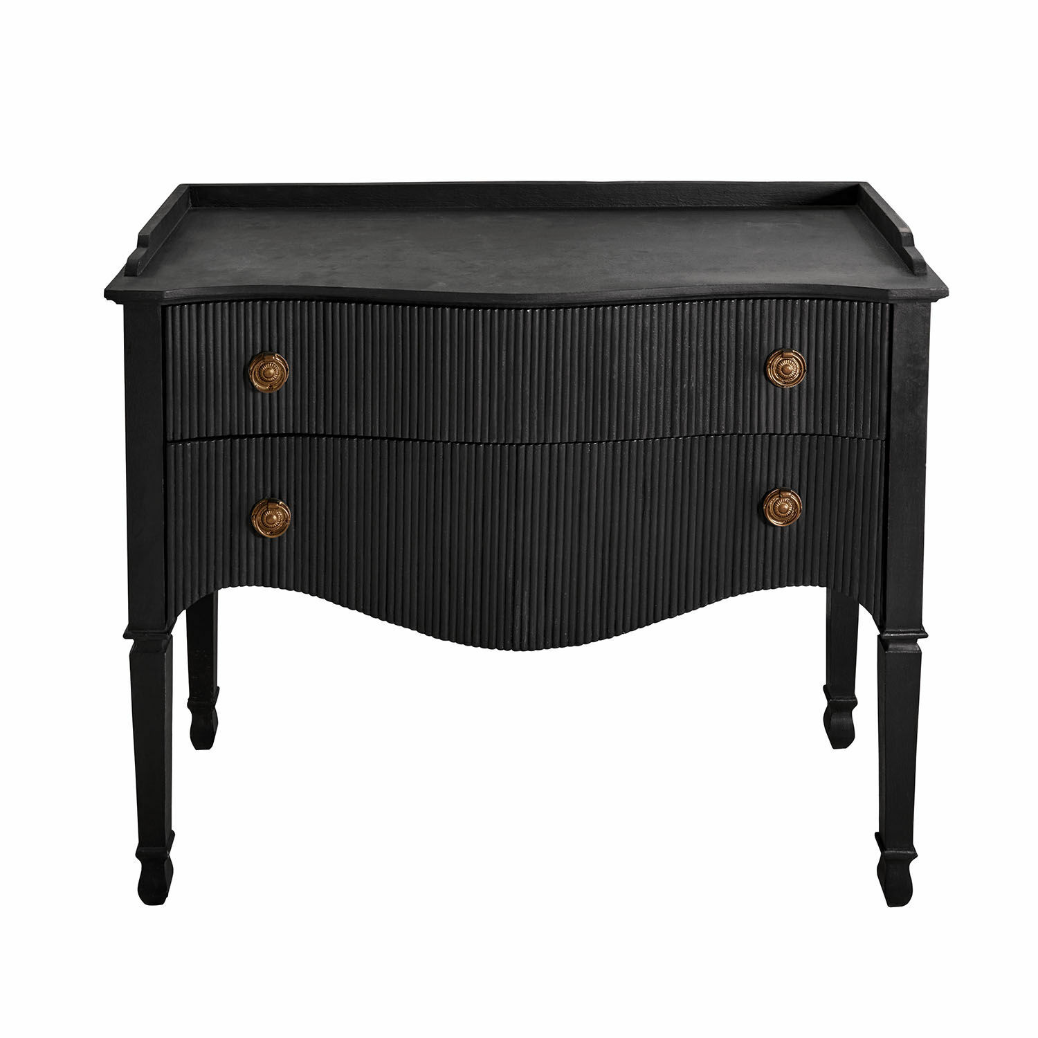 Commode Boissiére Commode noire avec deux tiroirs ondulés et poignées en laiton, meuble élégant pour salon