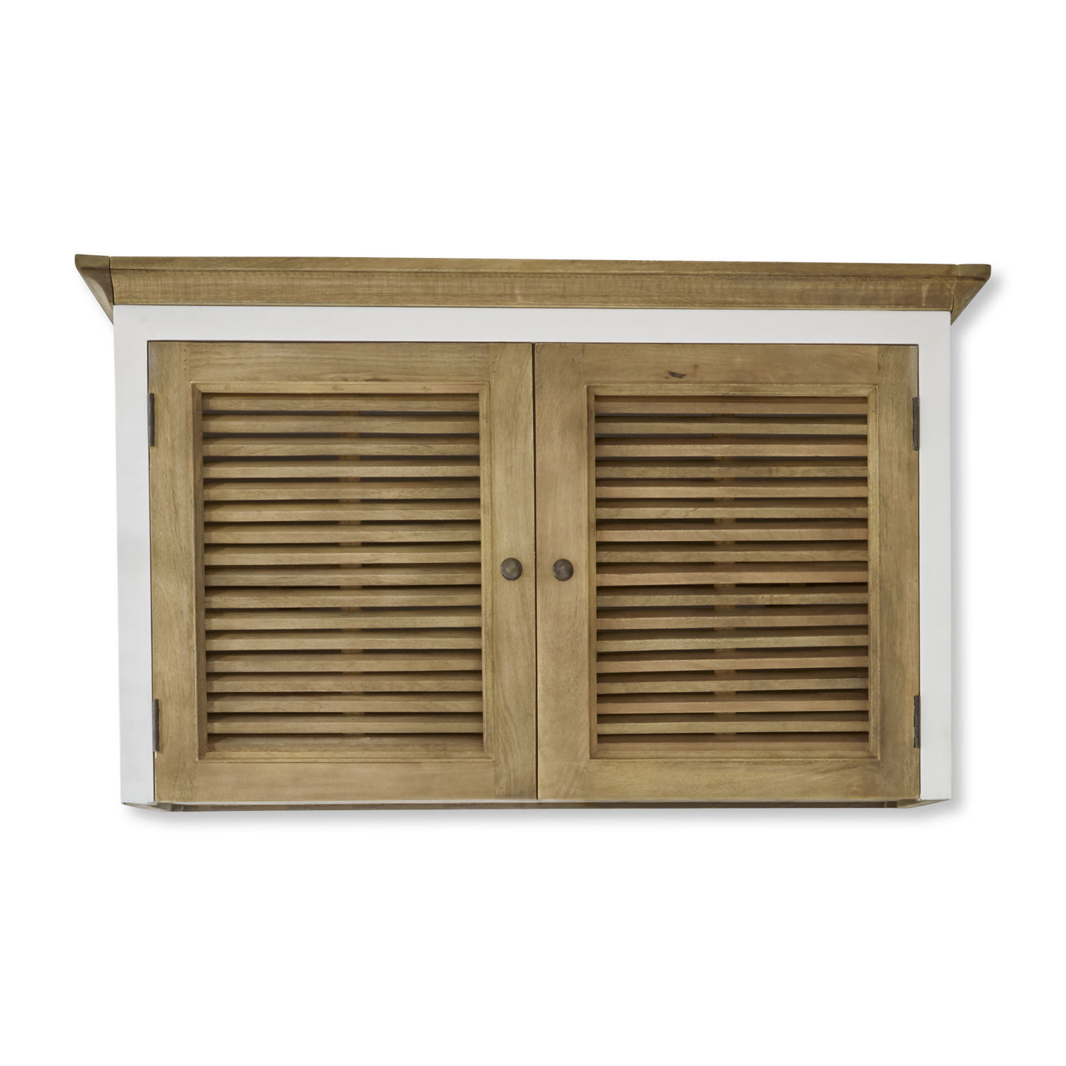 Meuble haut Comtois Armoire murale en bois avec cadre blanc et deux portes à persiennes en bois naturel clair