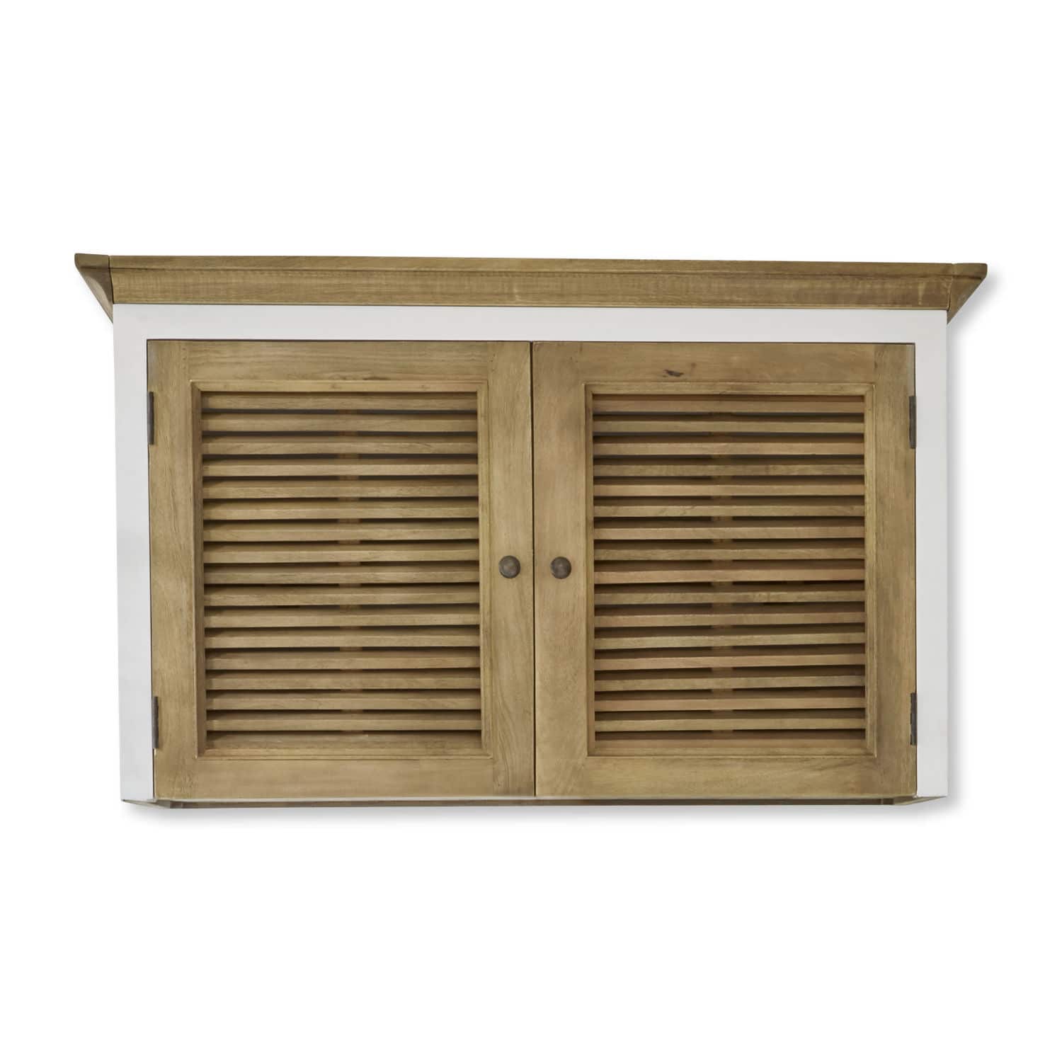 Meuble haut Comtois Armoire murale en bois avec cadre blanc et deux portes à persiennes en bois naturel clair