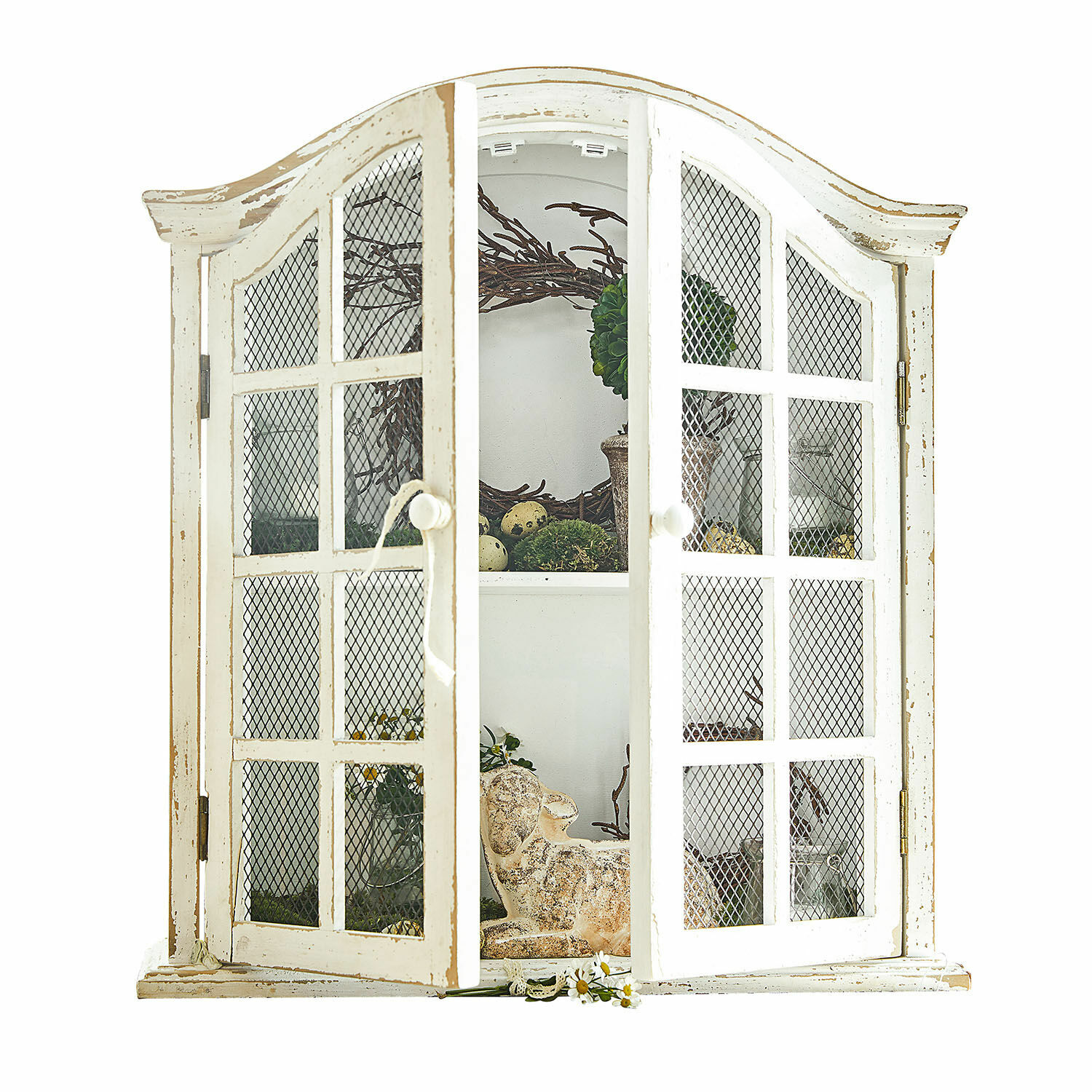 Armoire murale Monthelie Armoire blanche en bois avec portes grillagées, style vintage, décorations intérieures, meuble salon