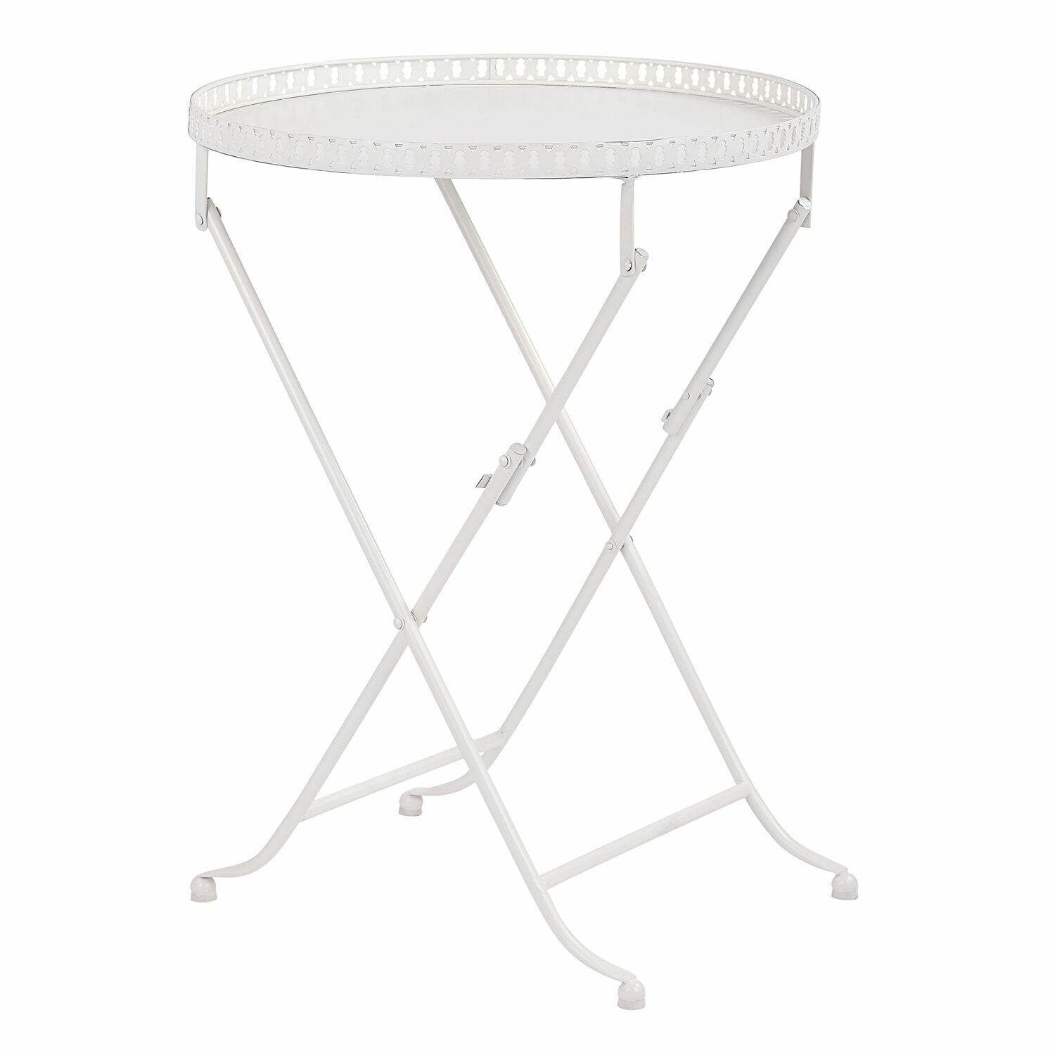 Table d'appoint Bierret en métal blanc antique avec bordure ajourée, légère et pliante pour intérieur et jardin