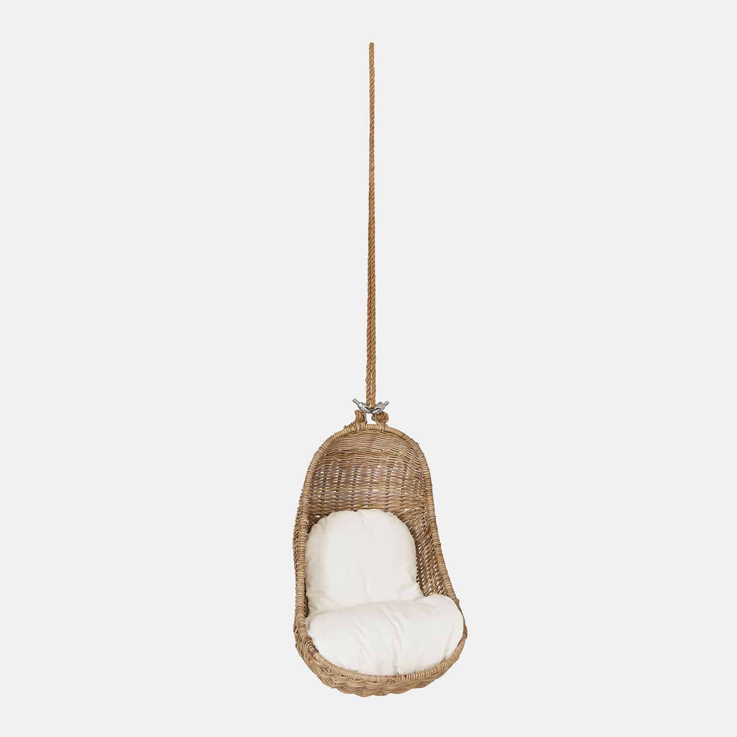 Fauteuil suspendu pour enfant Twinkla Fauteuil suspendu en rotin naturel avec coussin blanc, chaise confortable pour détente intérieure