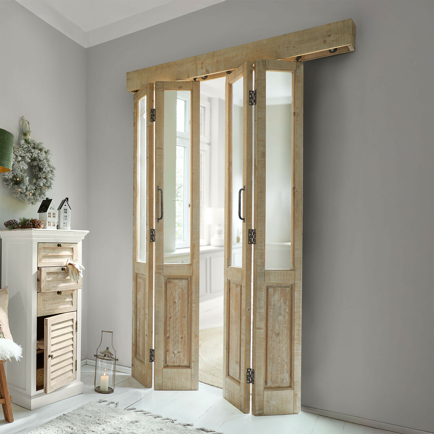 Porte pliante coulissante Halvorn Porte pliante en bois naturel avec panneaux vitrés, style rustique pour intérieur chaleureux