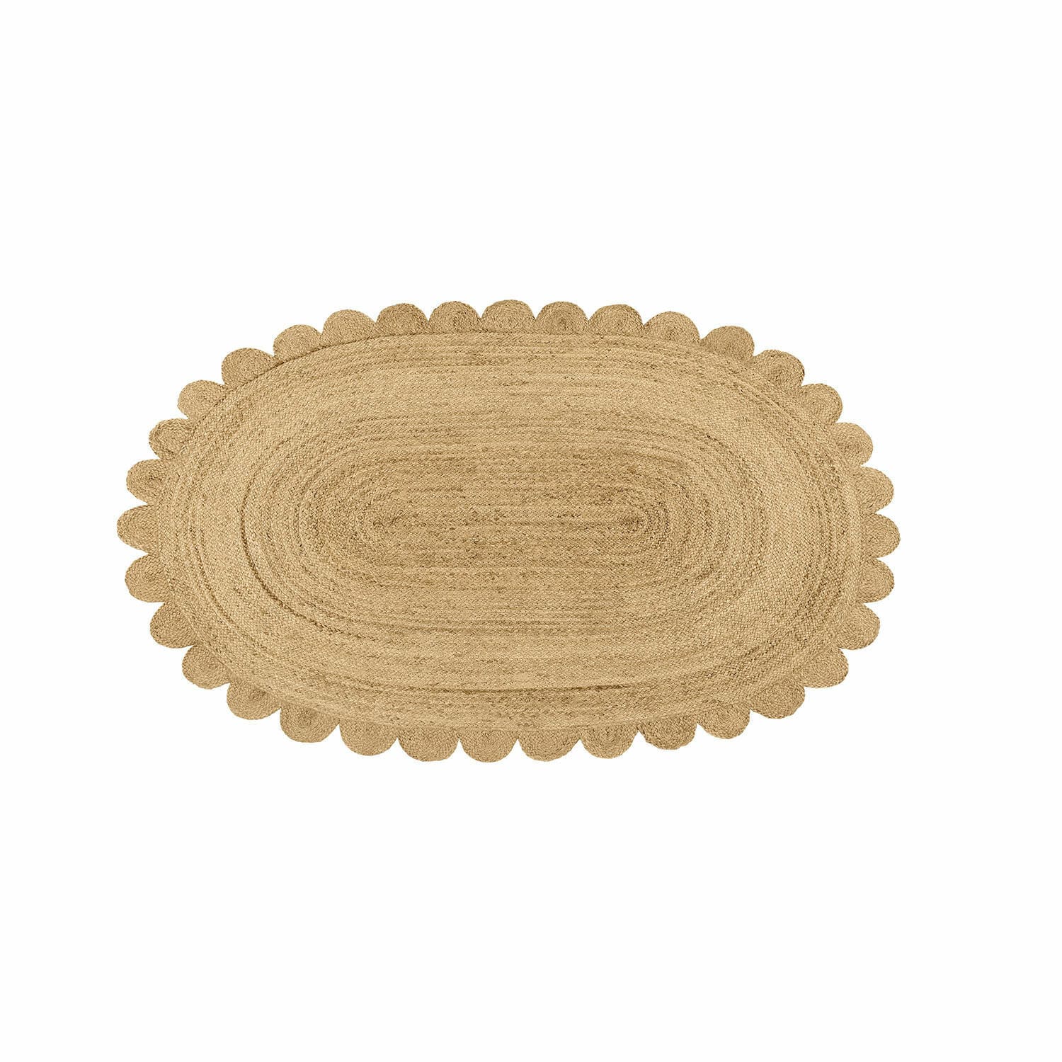 Tapis Ferce Tapis ovale en jute couleur naturelle avec bord festonné, parfait pour la décoration intérieure.