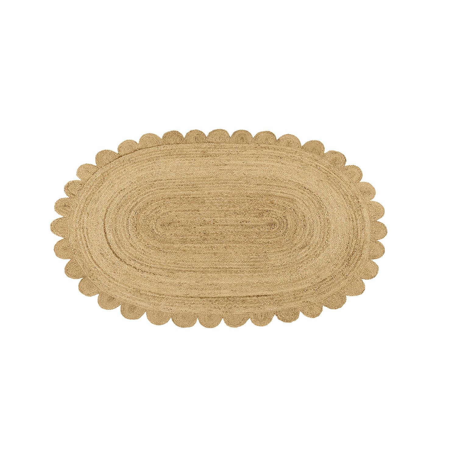 Tapis Ferce Tapis ovale en jute couleur naturelle avec bord festonné, parfait pour la décoration intérieure.