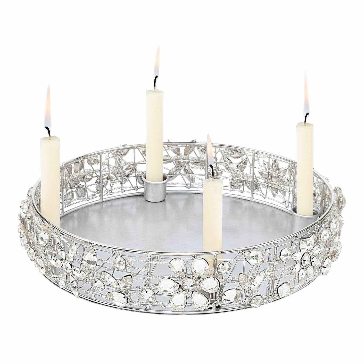 Bougeoir Hope Bougeoir rond en métal argenté avec fleurs décoratives et quatre bougies blanches allumées pour décoration