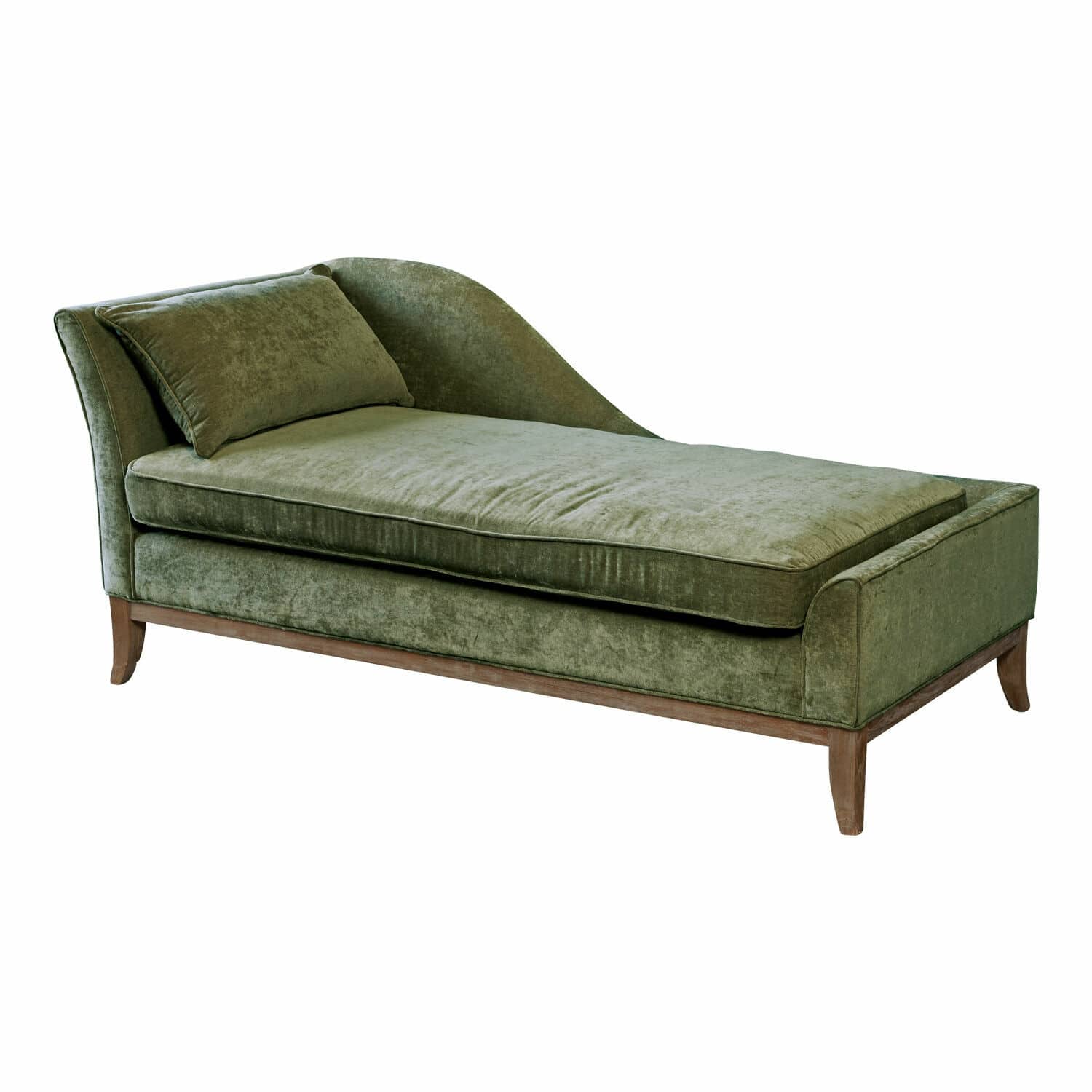 Méridienne Alphonse Chaise longue verte en tissu doux avec base en bois pour un salon élégant