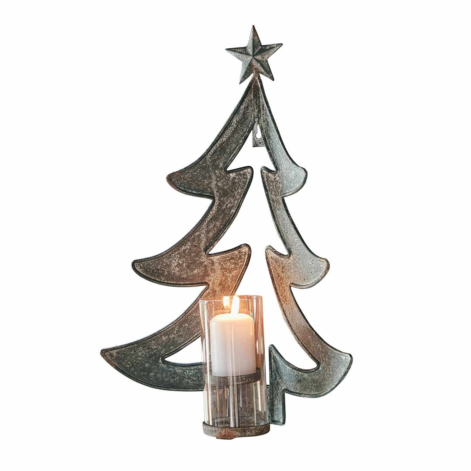 Décoration sapin en métal gris avec étoile et bougeoir en verre pour ambiance festive