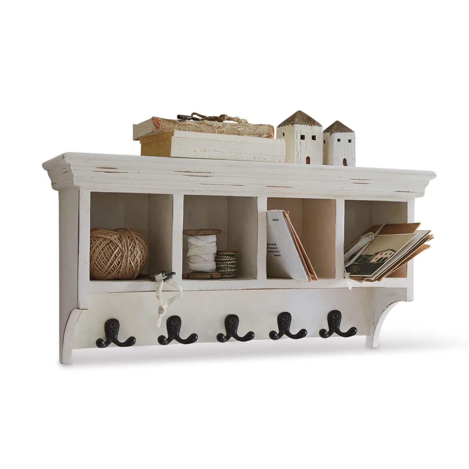 Portemanteau Gualado Porte-manteau mural en bois blanc avec étagères et crochets métalliques noirs pour rangement