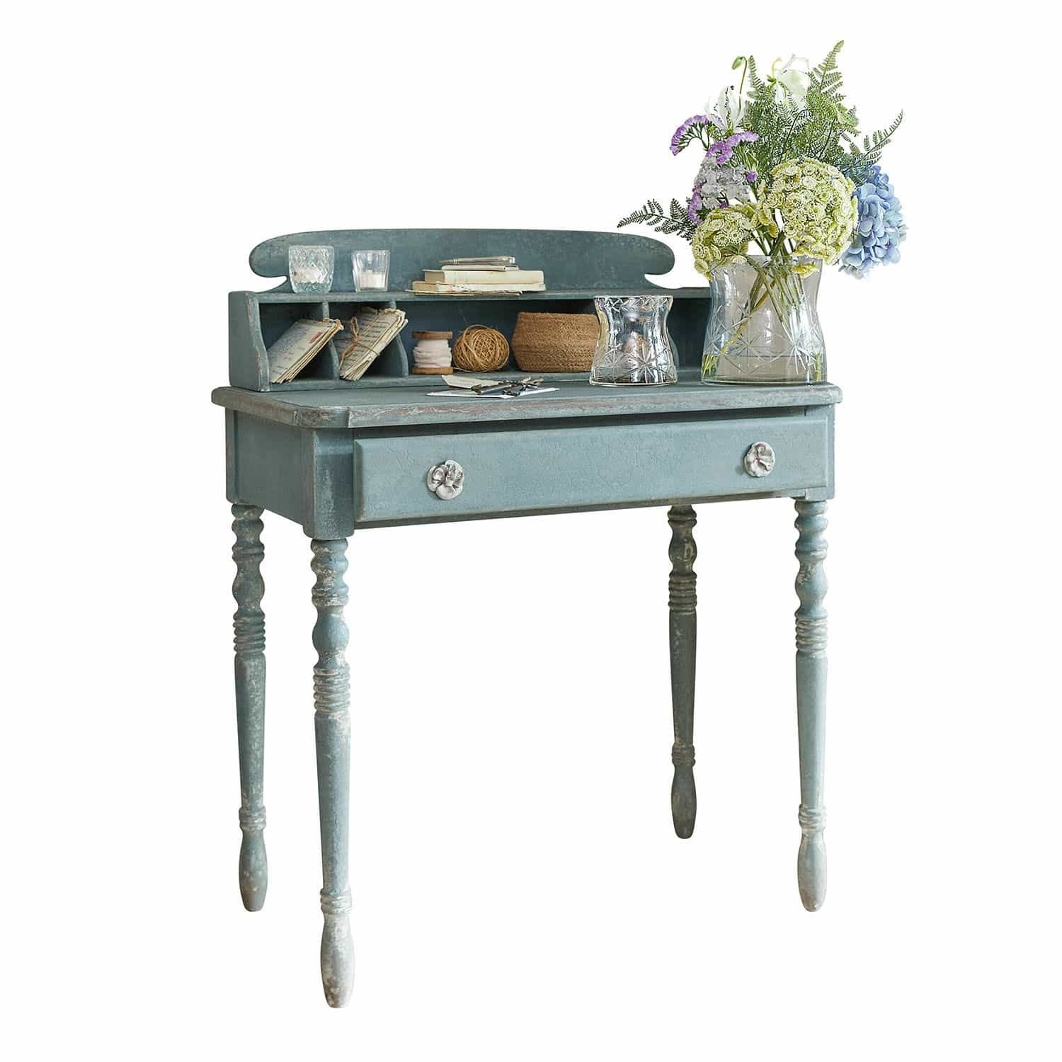 Console Lartigue Bureau en bois bleu avec tiroir et étagères, meuble vintage pour rangement et décoration