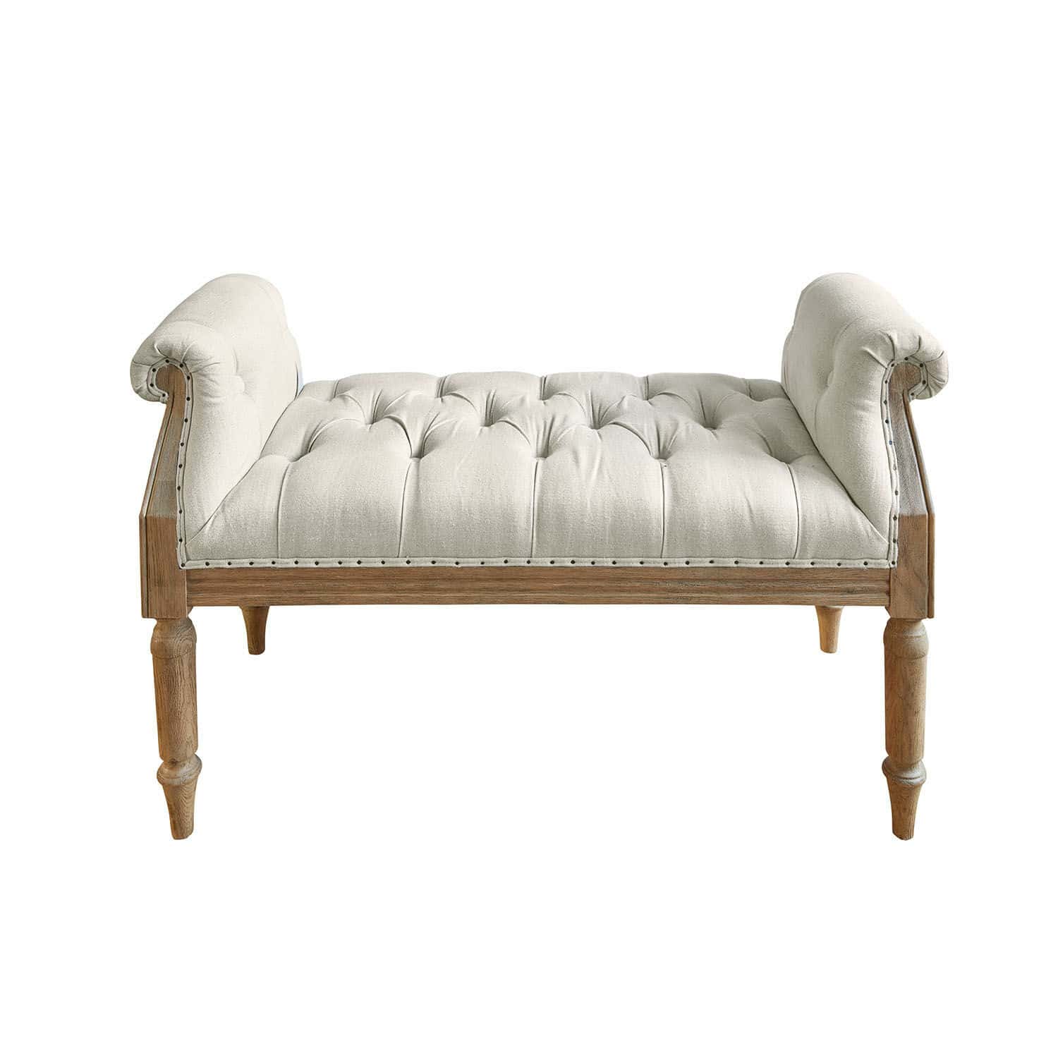 Banquette Griveta Banc capitonné en lin beige et bois, style vintage, meuble d'entrée ou salon élégant