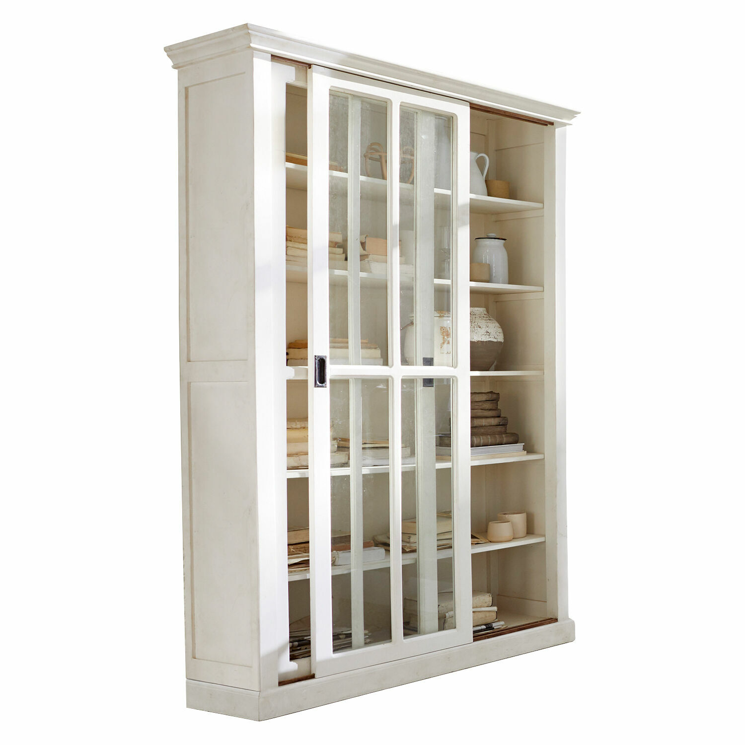 Vitrine Brouns Vitrine en bois blanc avec portes coulissantes vitrées et étagères pour livres et décorations