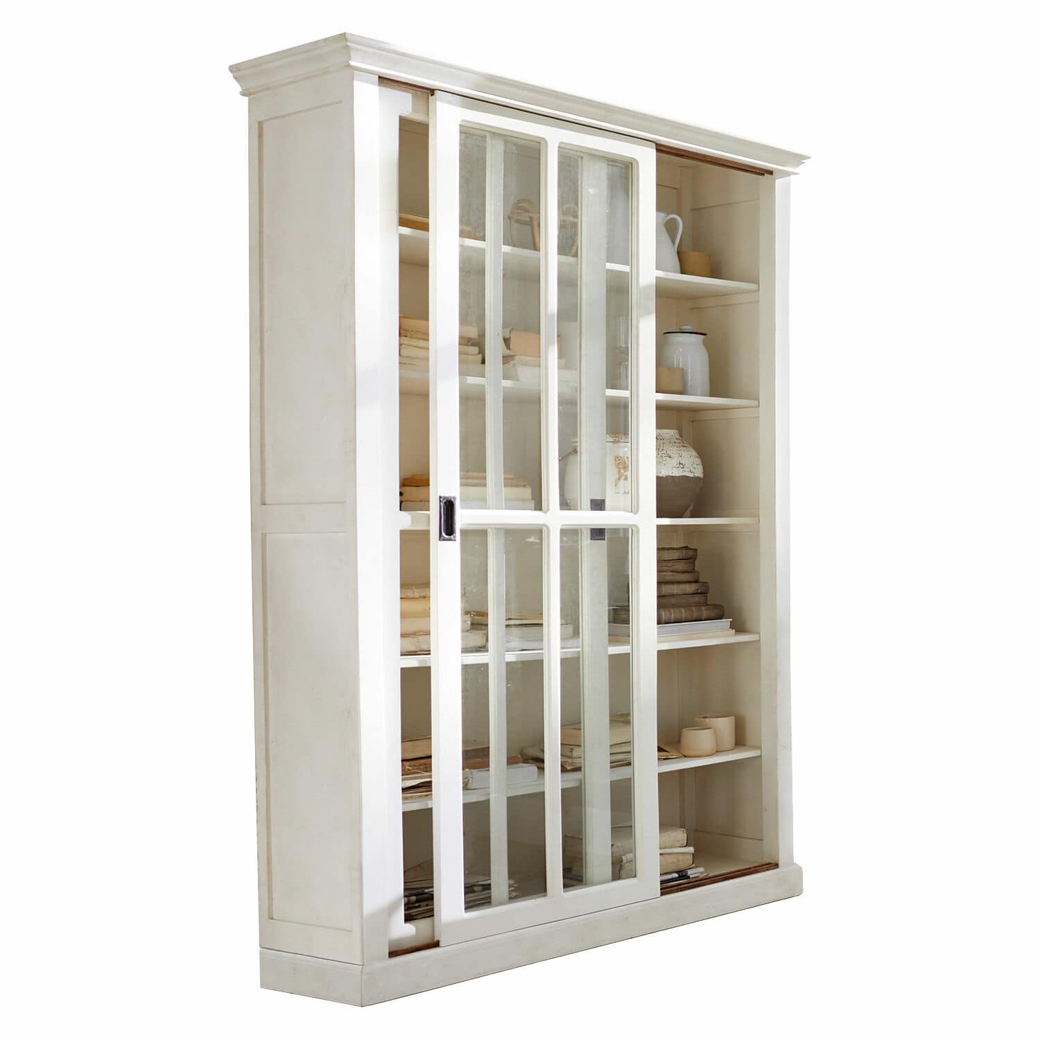 Vitrine Brouns Vitrine en bois blanc avec portes coulissantes vitrées et étagères pour livres et décorations