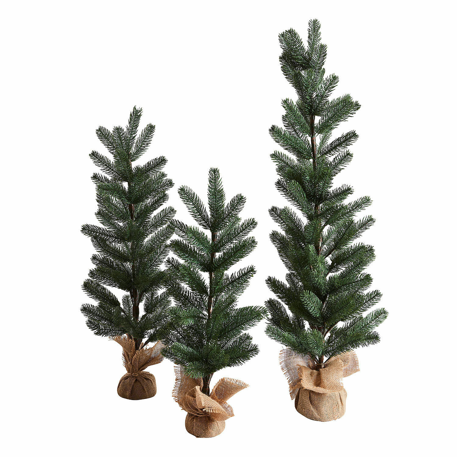 Lot de 3 arbres décoratifs Merpins Trois sapins artificiels verts avec base en toile de jute, décoration de Noël naturelle et élégante