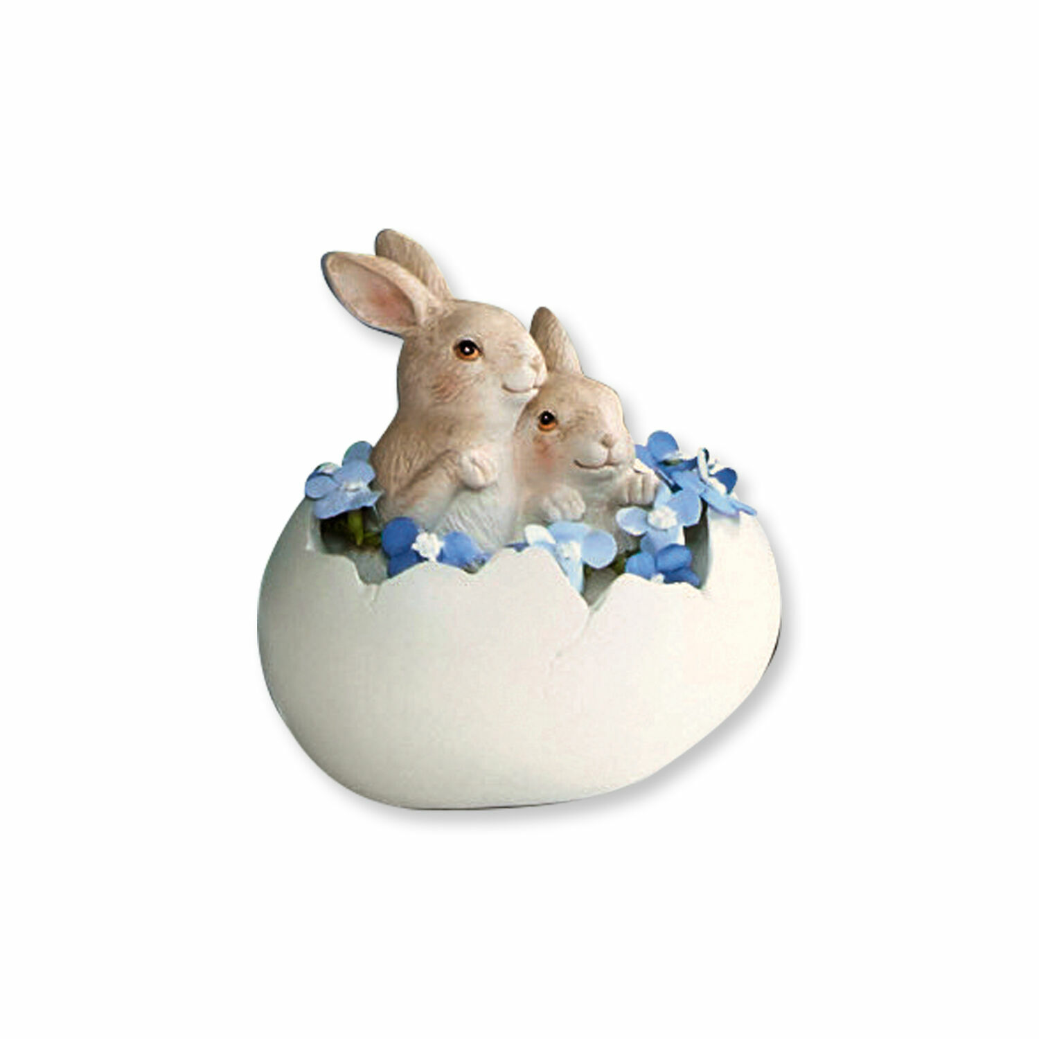 Lapins avec œuf Miksa Figurine de deux lapins dans une coquille d'œuf avec fleurs bleues, décoration en céramique de Pâques