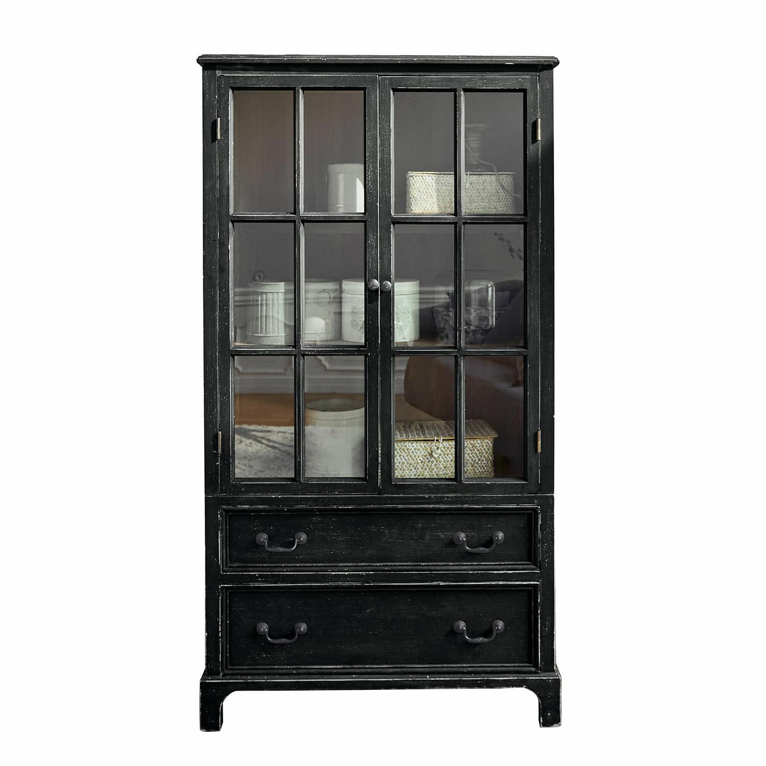 Vitrine Jarrowfield Vitrine noire en bois avec portes vitrées et deux tiroirs pour rangement pratique