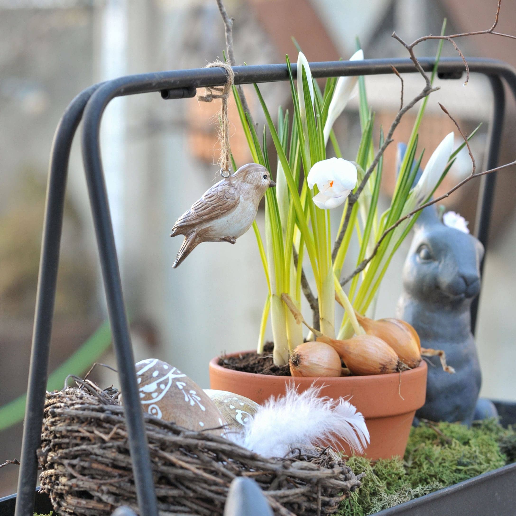 Oiseau décoratif en bois suspendu près d'un pot en terre cuite avec bulbes et fleurs blanches pour décoration printanière