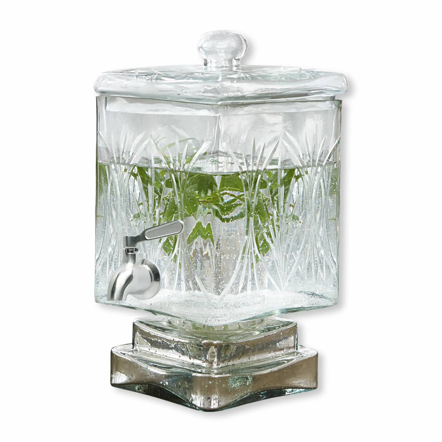 Distributeur de boisson Logan Distributeur de boissons en verre transparent avec couvercle et robinet, motif gravé décoratif