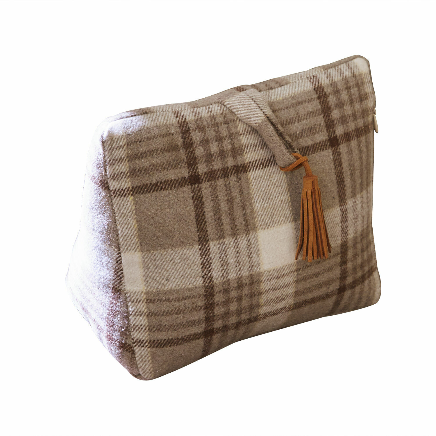Bloque-porte Ersac Trousse beige à carreaux en tissu doux avec pompon décoratif sur la fermeture éclair