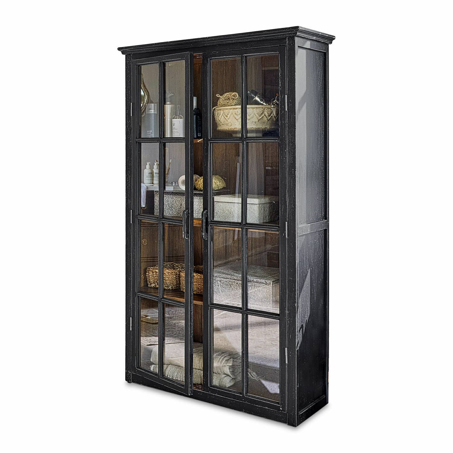 Vitrine Keanu Vitrine noire en bois avec portes vitrées et étagères pour rangement et décoration