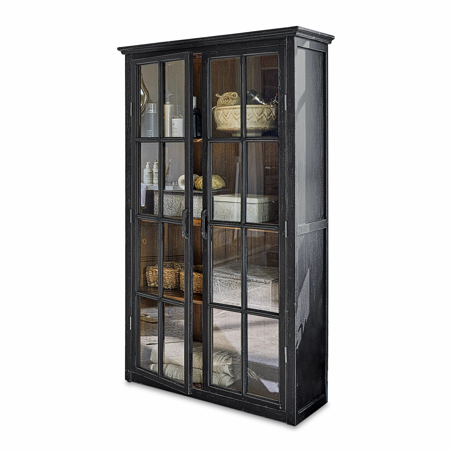 Vitrine Keanu Vitrine noire en bois avec portes vitrées et étagères pour rangement et décoration