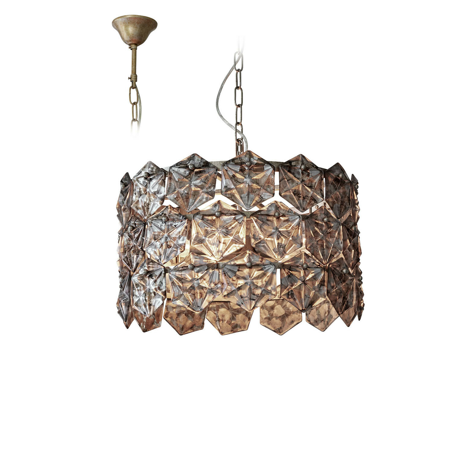 Lampe à suspendre Émirelle Suspension en verre transparent à motifs géométriques avec chaîne métallique, luminaire décoratif pour plafond