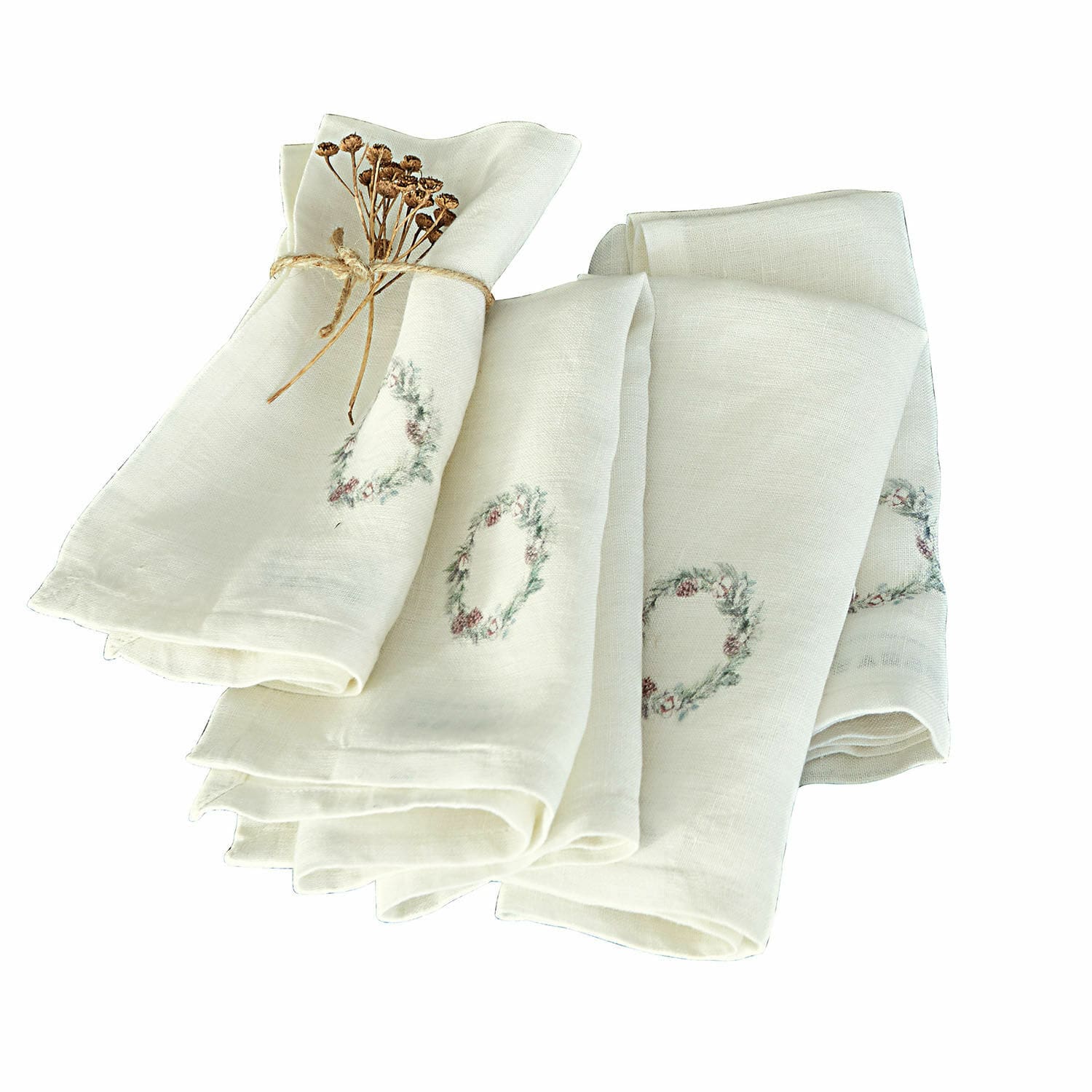 Lot de 4 serviettes Torge Ensemble de serviettes en lin crème avec motif de couronne délicate et fleurs séchées attachées