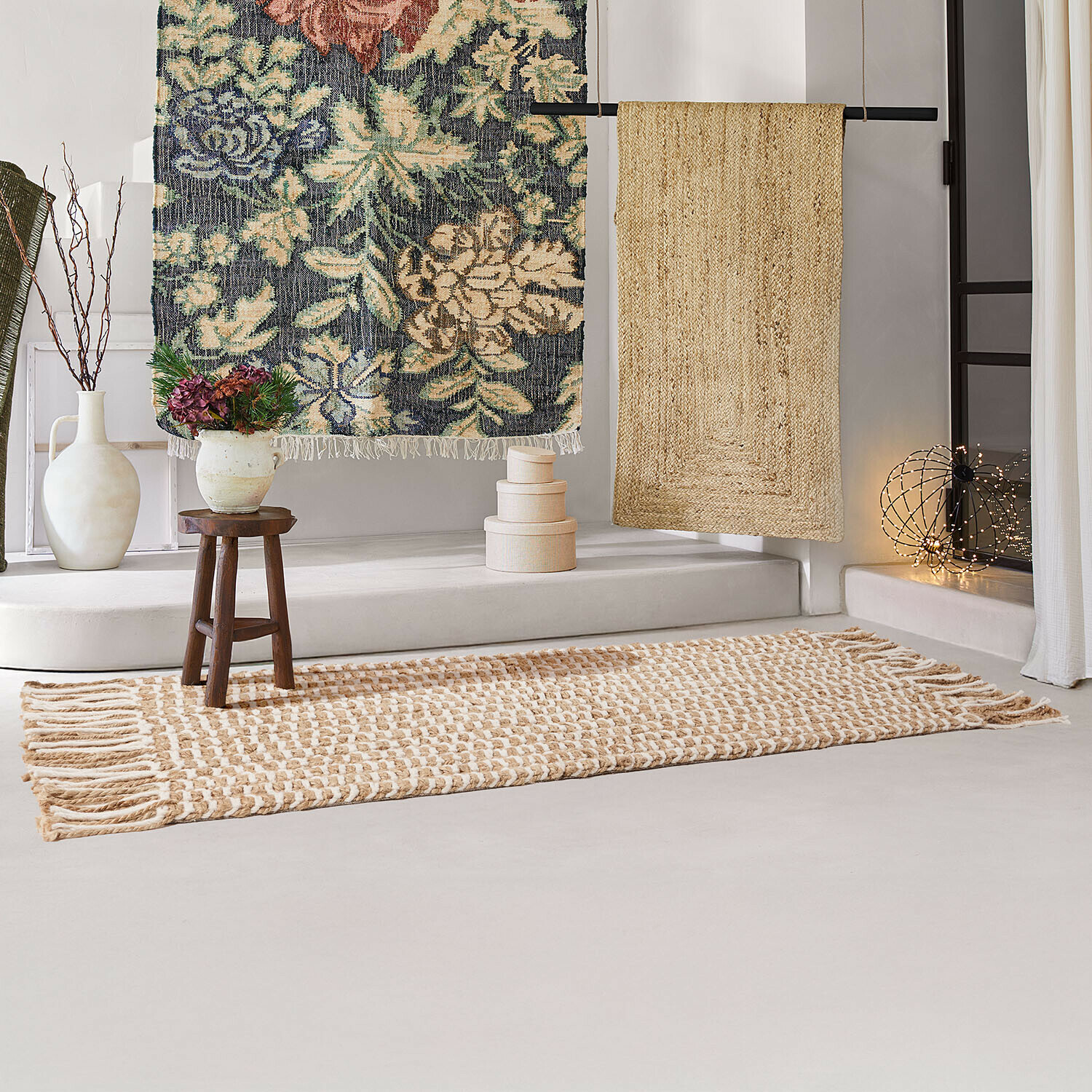 Coureur Yrundal Tapis en jute et coton beige et blanc avec franges, tapis décoratif naturel pour salon moderne