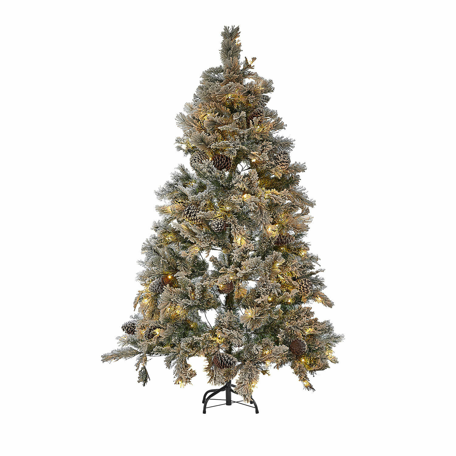 Sapin artificiel avec branches enneigées et pommes de pin, décoré de lumières LED chaudes