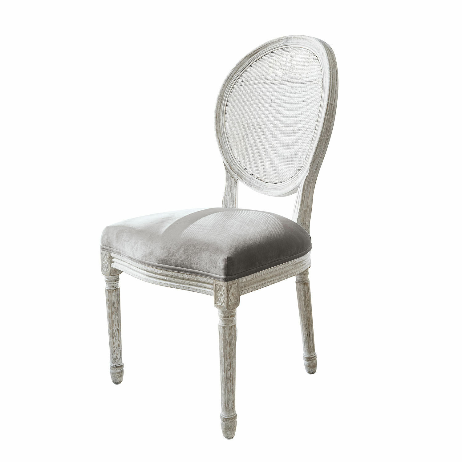 blanc/gris Chaise Danube en bois blanc avec assise en velours gris, style vintage pour salon élégant