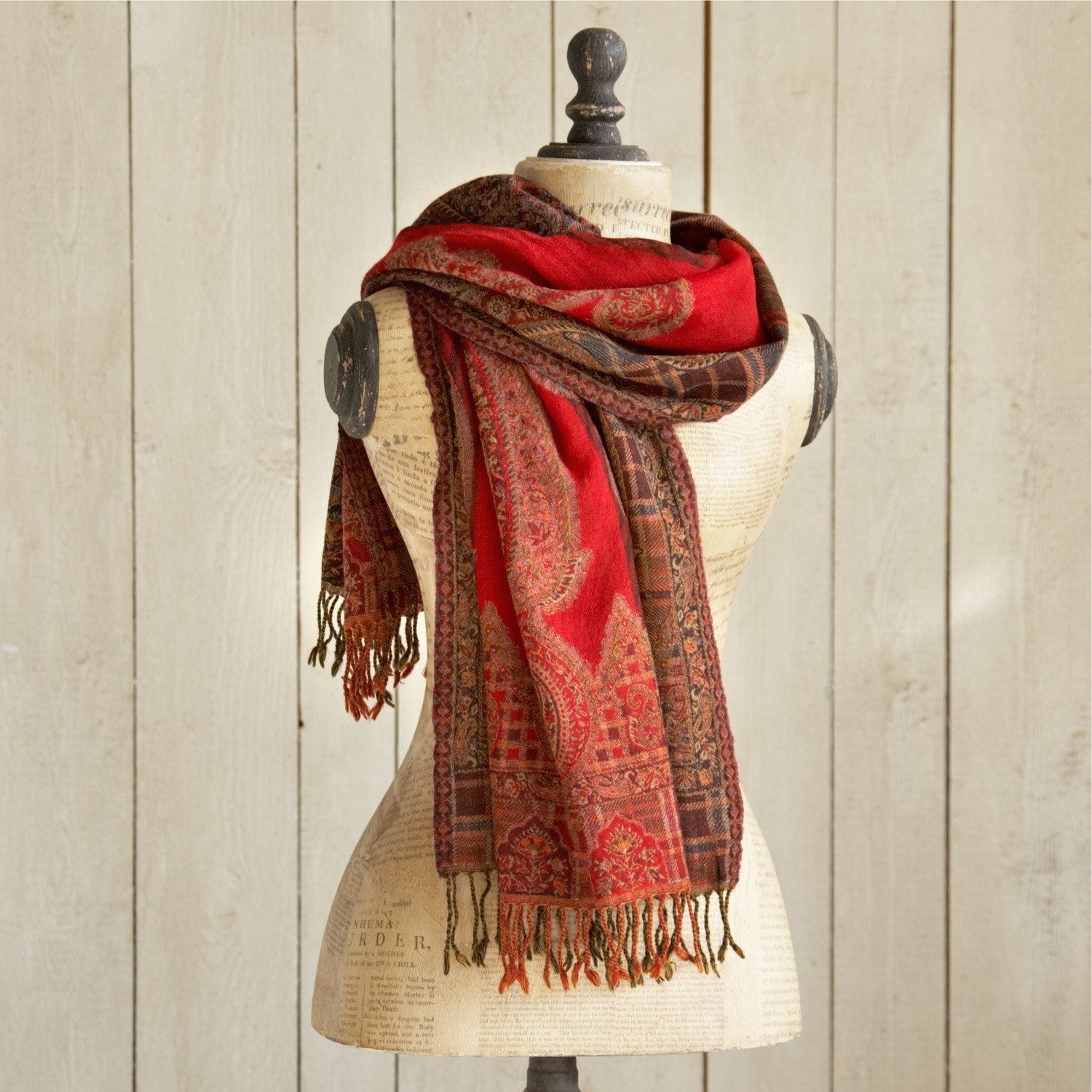 Étole Latette Écharpe rouge à motif cachemire avec franges, tissu doux, accessoire tendance pour l'automne