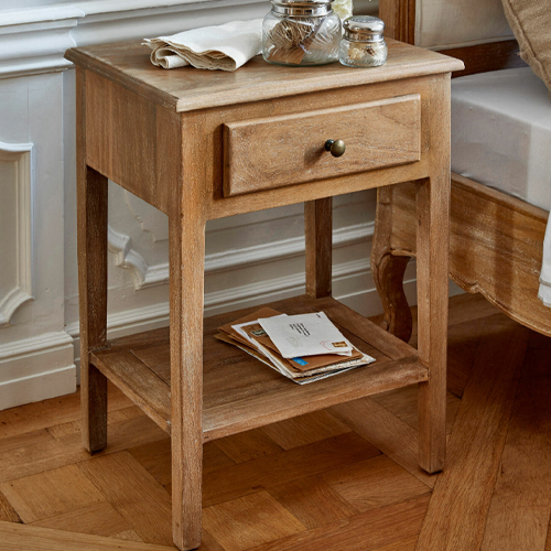 Table de chevet en bois naturel avec tiroir et étagère, meuble de chambre à coucher rustique