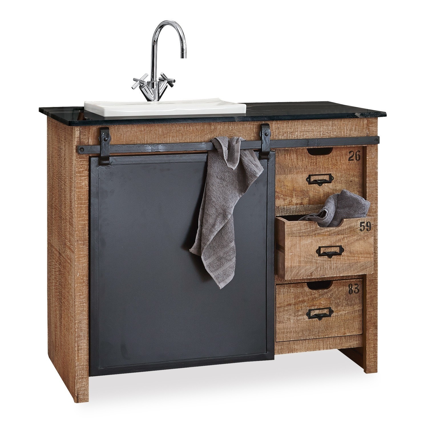 Meuble et vasque Taylors Island Meuble de salle de bain en bois de manguier et métal avec porte noire et lavabo blanc, style industriel