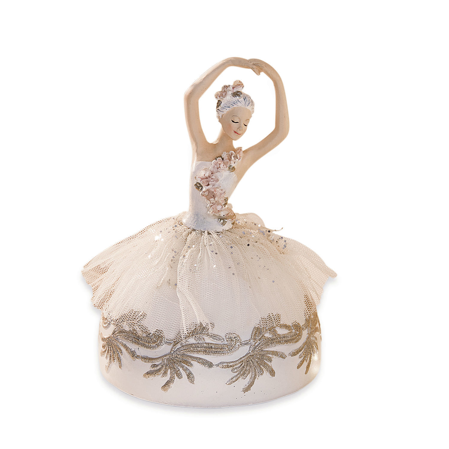 Boîte à musique Malinka Figurine de ballerine avec jupe en tulle crème et décorations dorées en tissu délicat