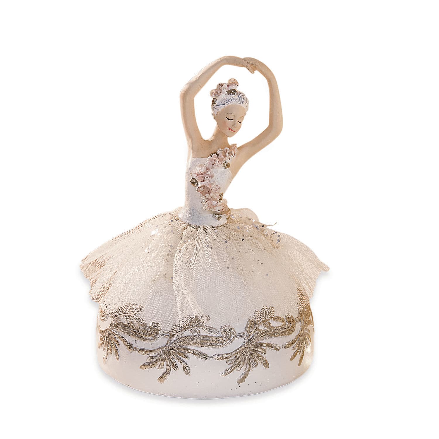 Boîte à musique Malinka Figurine de ballerine avec jupe en tulle crème et décorations dorées en tissu délicat