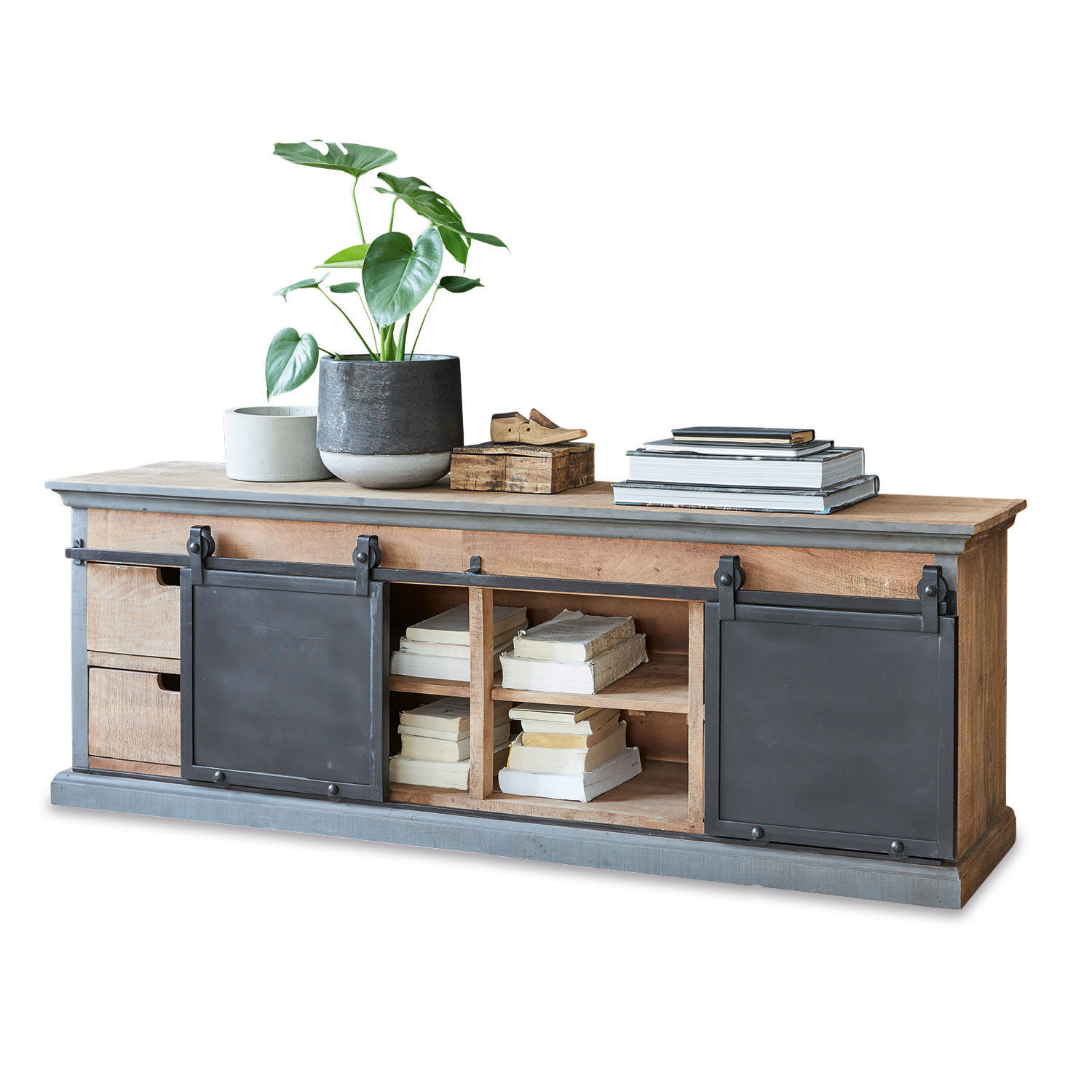 Buffet Vulmont Buffet en bois avec portes coulissantes en métal et étagères à livres, décoré de plante et livres