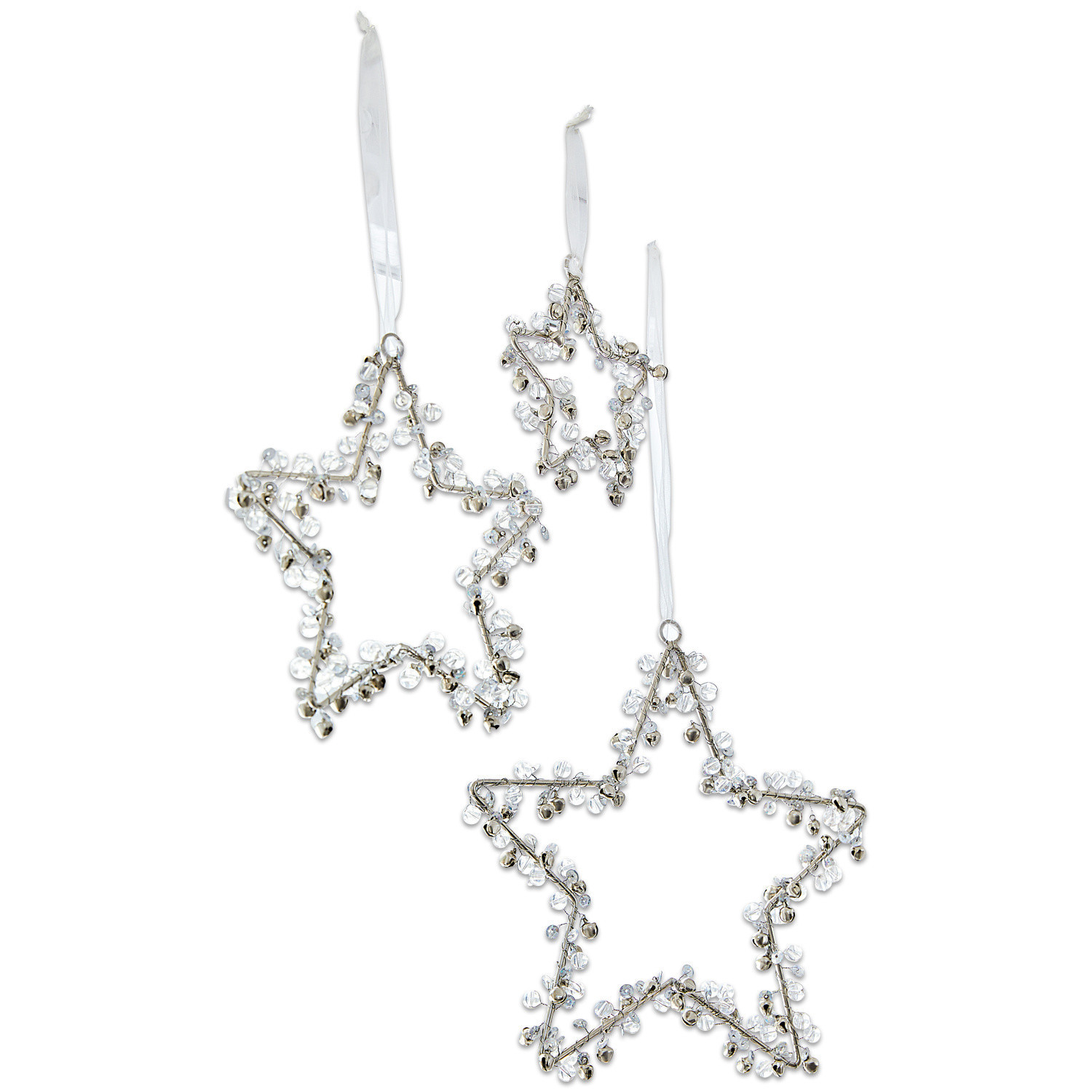 Lot de 3 décorations de Noël Harley Ensemble de trois étoiles décoratives en métal avec perles transparentes sur rubans blancs, décoration de Noël