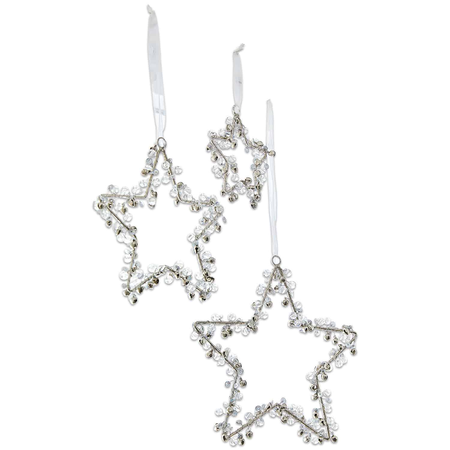 Lot de 3 décorations de Noël Harley Ensemble de trois étoiles décoratives en métal avec perles transparentes sur rubans blancs, décoration de Noël