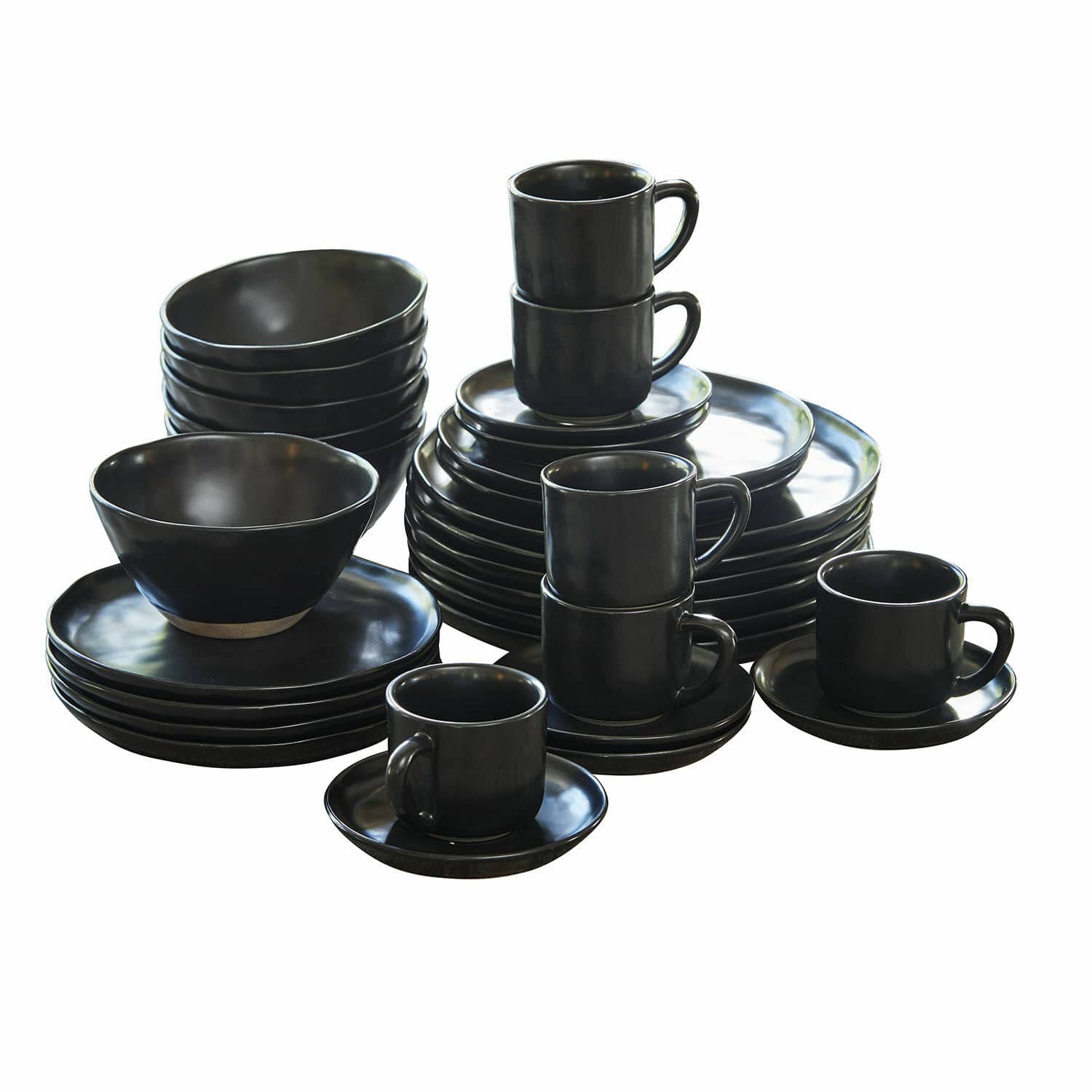 Service 30 pièces Biarré Service de vaisselle en céramique noire avec tasse, assiettes et bol à base naturelle