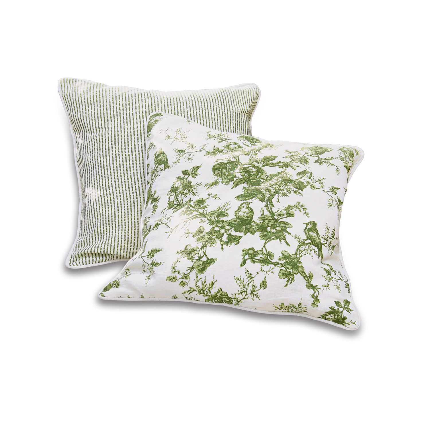 Lot de 2 housses de coussins Mercier Ensemble de deux coussins décoratifs en coton avec motifs verts floraux et rayures pour salon