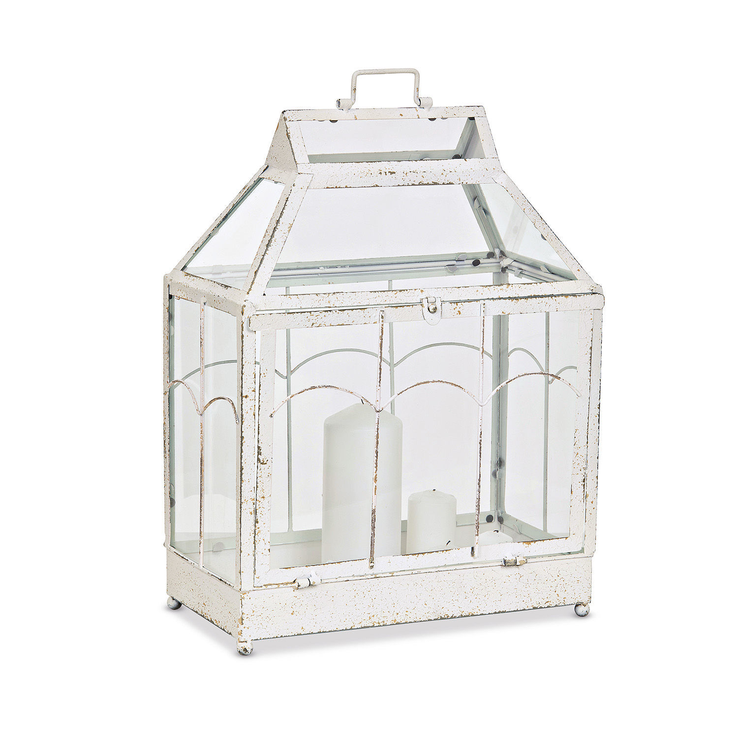 Lanterne Couriar Lanterne en métal blanc vieilli avec panneaux en verre, décorative pour bougies.