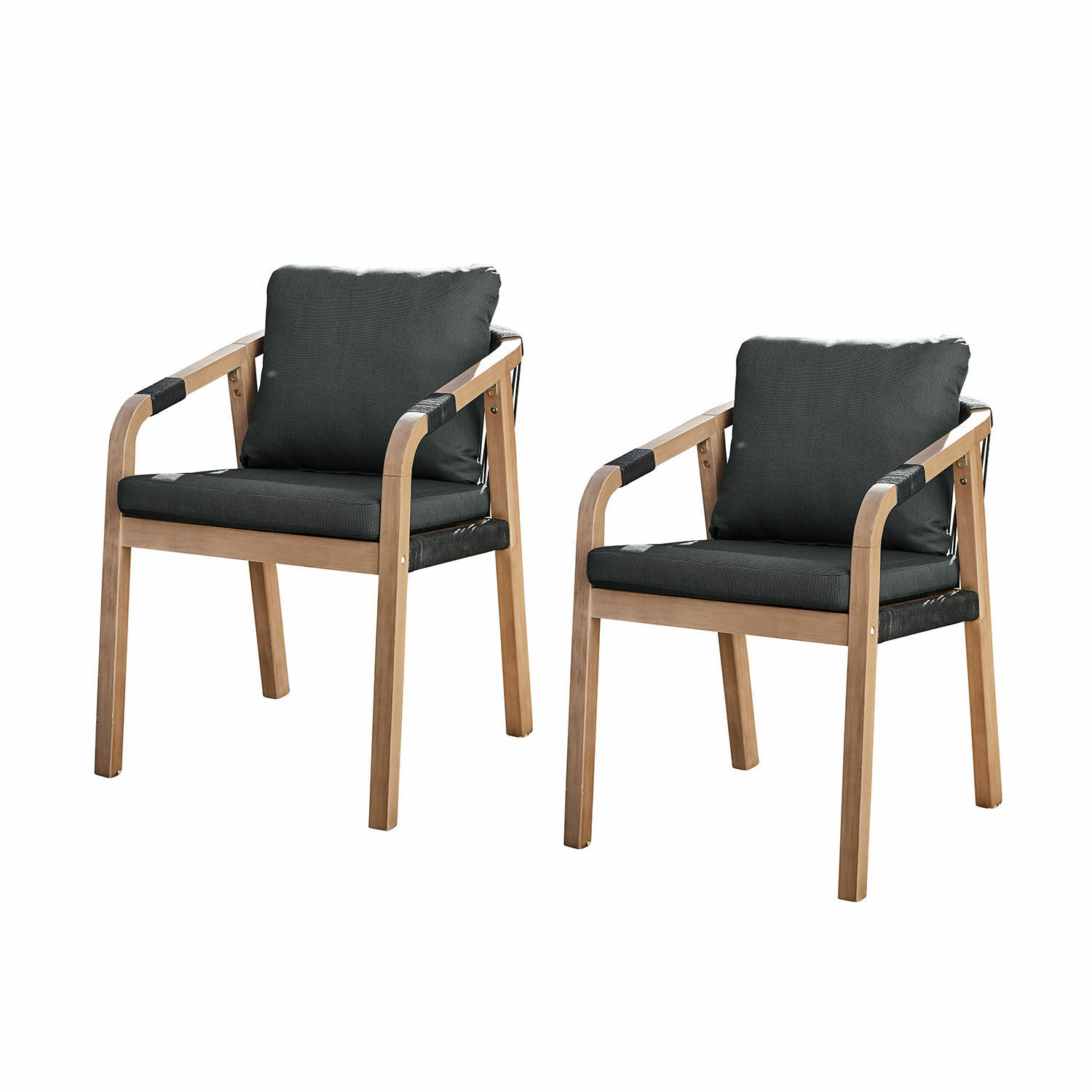 Ensemble de deux chaises Kennedy en bois FSC brun avec coussins noirs, mobilier confortable pour salon