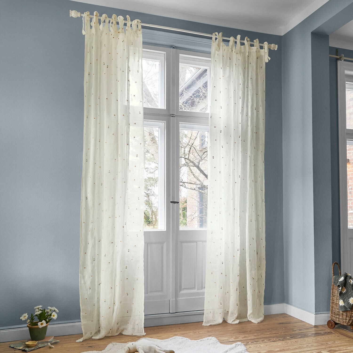 Voilage Poppeline Rideaux transparents crème avec motif floral délicat, décoration de fenêtre pour salon