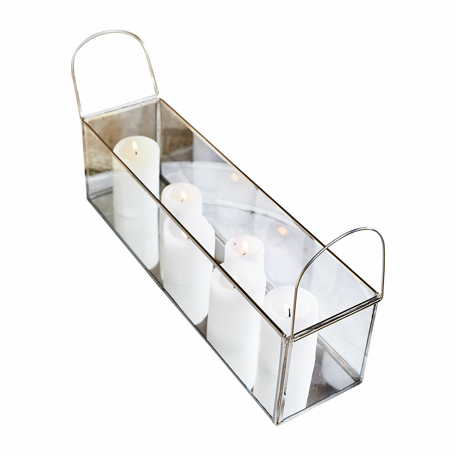 Photophore Quinton Bougeoir rectangulaire en verre avec cadre métallique et poignées, bougies blanches décoratives