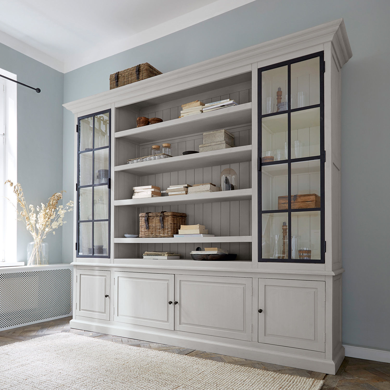 Meuble TV Pratola Grande vitrine en bois gris avec portes vitrées et étagères pour livres et décorations