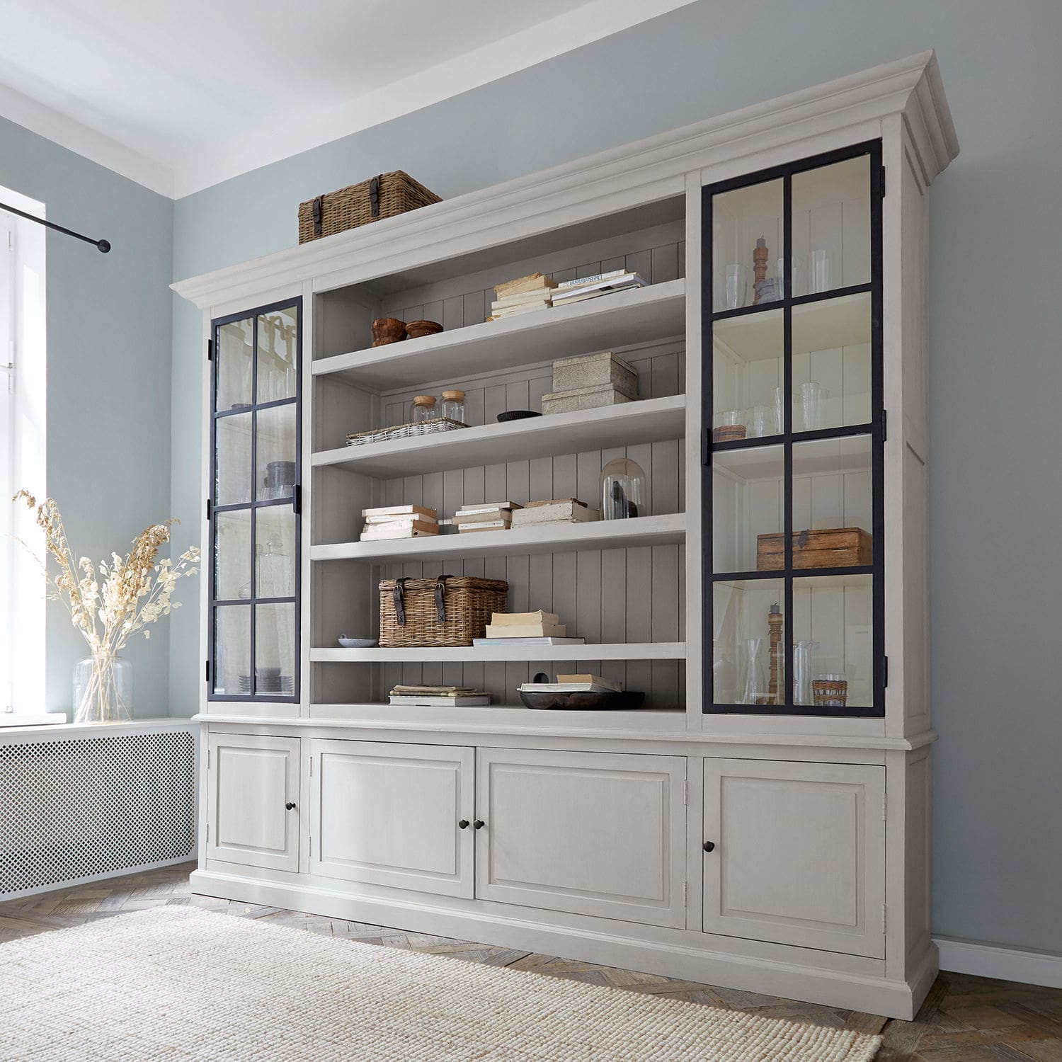 Meuble TV Pratola Grande vitrine en bois gris avec portes vitrées et étagères pour livres et décorations